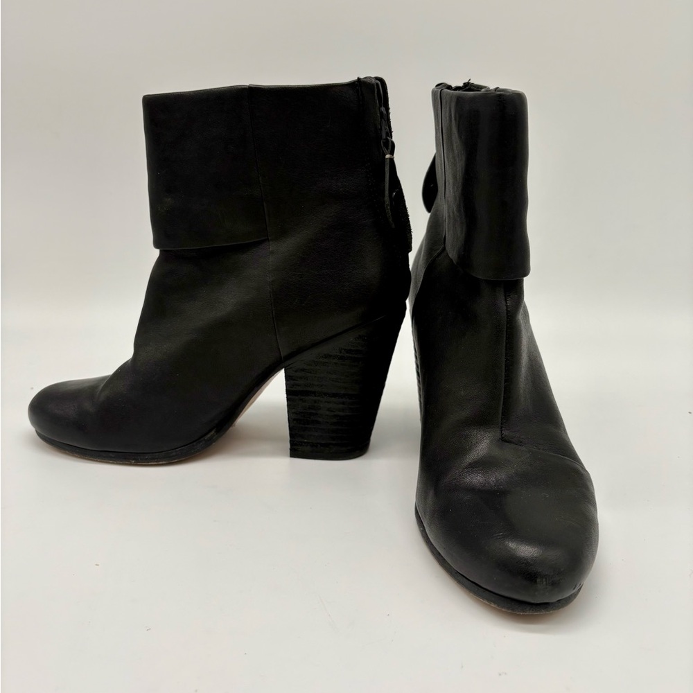 Rag & Bone Newbury Boots Black Leather Stacked Heel Ankle Boots size  38/ US 8